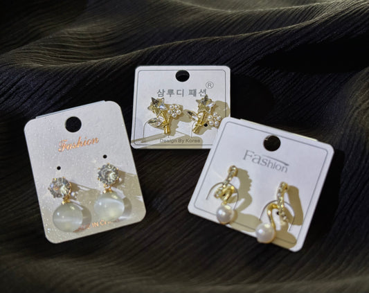 Korean Style 3 Pair Earrings Set – Crystal Stud, Pearl Drop & Cute Floral Gold Earrings for Women