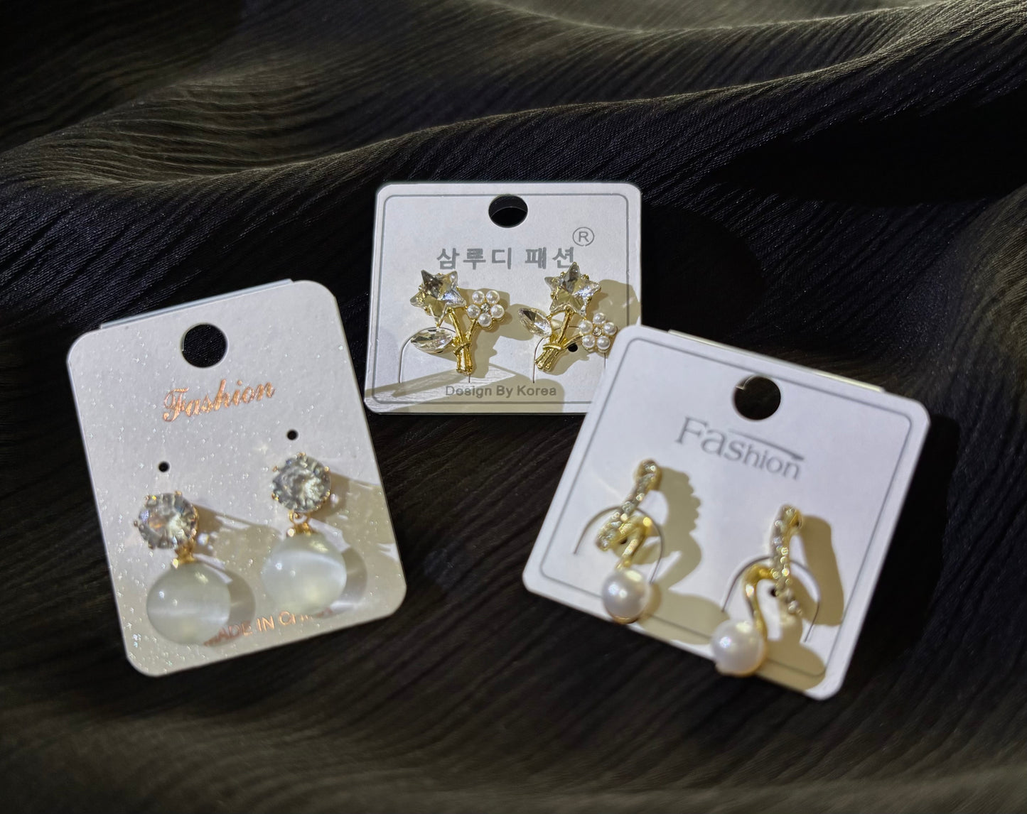 Korean Style 3 Pair Earrings Set – Crystal Stud, Pearl Drop & Cute Floral Gold Earrings for Women