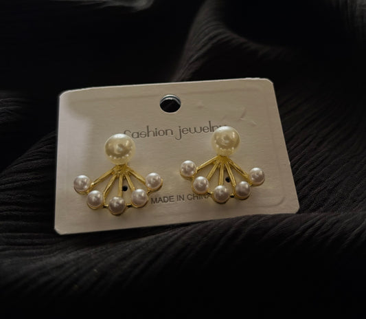 Elegant Pearl Fan Design Gold Stud Earrings for Women | Trendy Korean Style Pearl Earrings