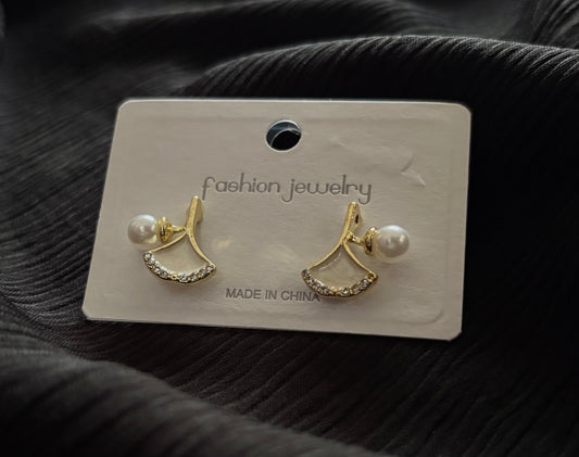 Elegant Pearl & Crystal Fan Stud Earrings for Women | Gold Minimal Korean Style Earrings