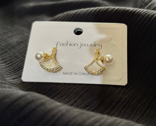 Elegant Pearl & Crystal Fan Stud Earrings for Women | Gold Minimal Korean Style Earrings