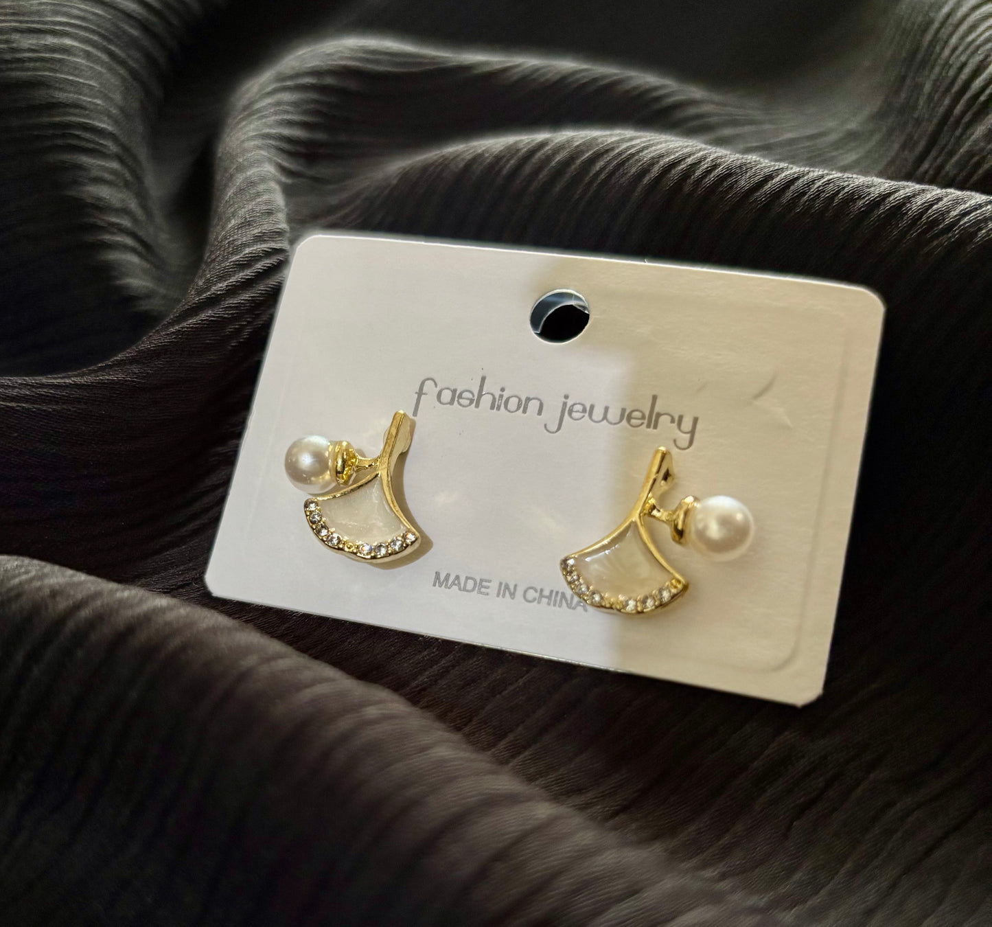 Elegant Pearl & Crystal Fan Stud Earrings for Women | Gold Minimal Korean Style Earrings