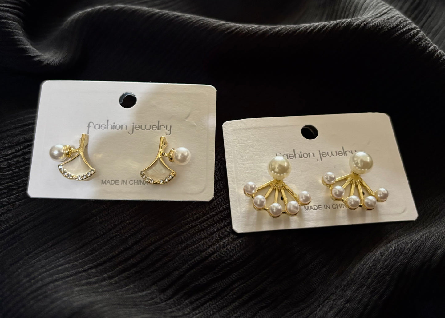 Gold Plated Pearl Fan Stud Earrings – Elegant Korean Style Statement Jewelry for Women