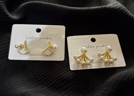 Gold Plated Pearl Fan Stud Earrings – Elegant Korean Style Statement Jewelry for Women
