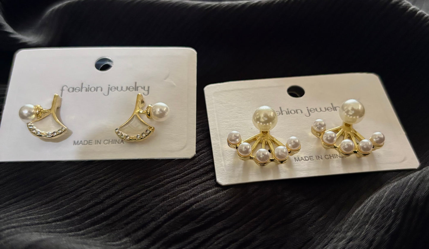 Gold Plated Pearl Fan Stud Earrings – Elegant Korean Style Statement Jewelry for Women