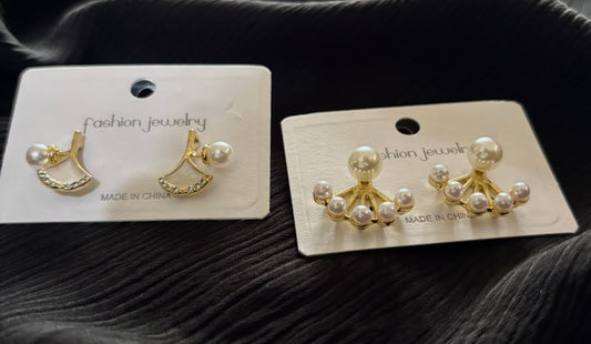 Gold Plated Pearl Fan Stud Earrings – Elegant Korean Style Statement Jewelry for Women