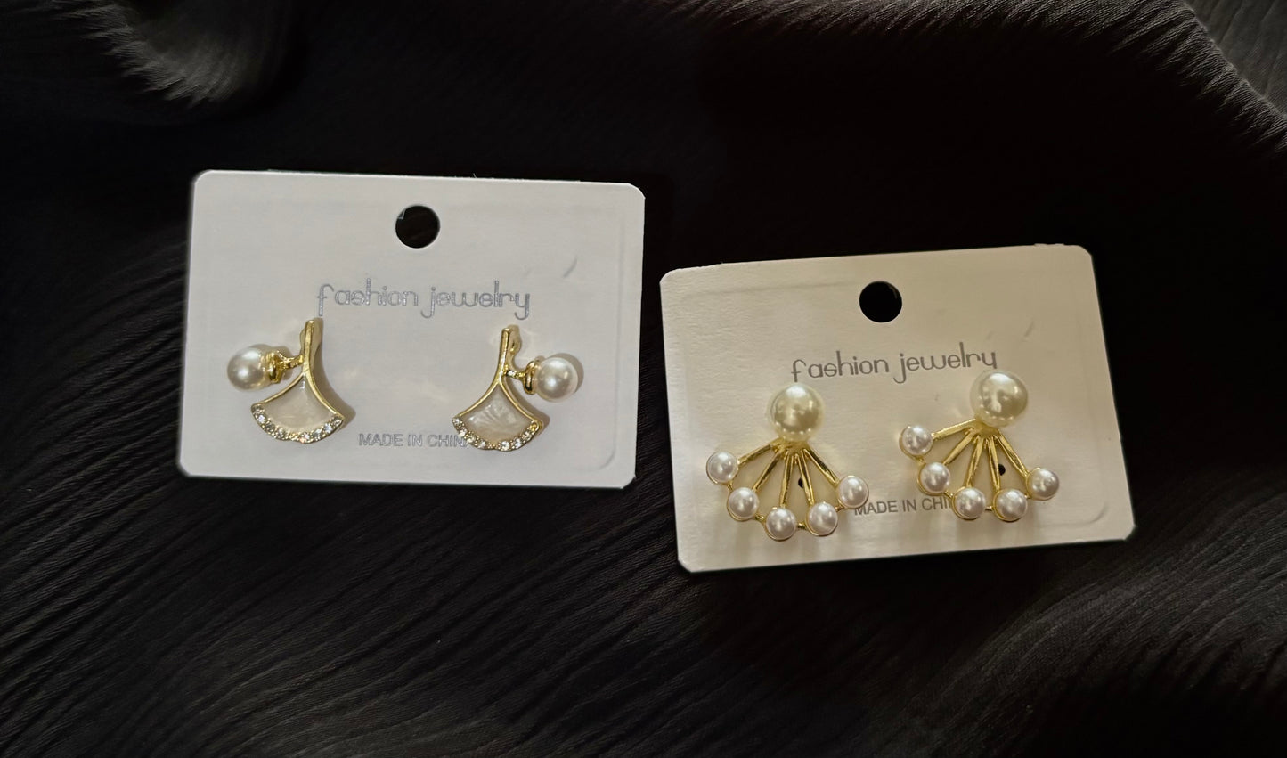 Gold Plated Pearl Fan Stud Earrings – Elegant Korean Style Statement Jewelry for Women