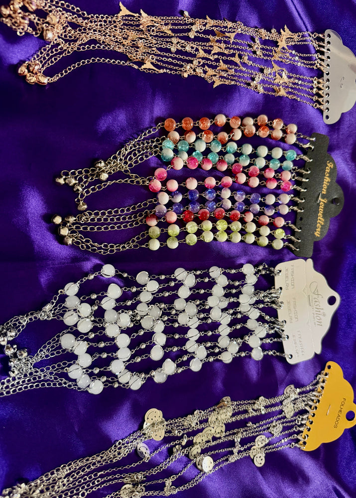 Fashion Bracelet Combo Set of 4 (one from each model) – Charm Chain, Multicolor Beads & White Beaded Bracelets for Women