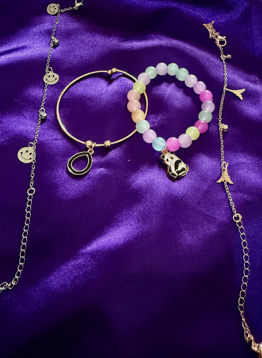 Trendy Bracelet Combo Set of 4 – Smiley Charm, Multicolor Beaded & Minimalist Bracelets for Women