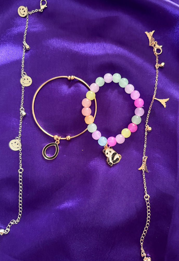 Trendy Bracelet Combo Set of 4 – Smiley Charm, Multicolor Beaded & Minimalist Bracelets for Women