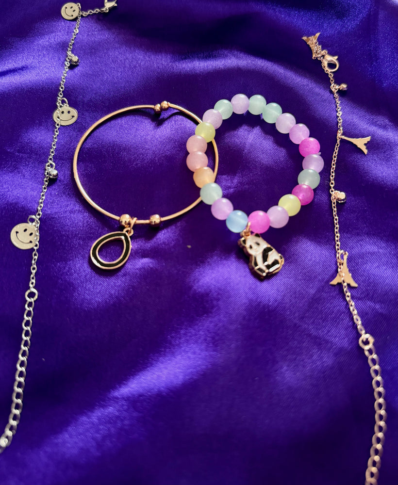 Trendy Bracelet Combo Set of 4 – Smiley Charm, Multicolor Beaded & Minimalist Bracelets for Women