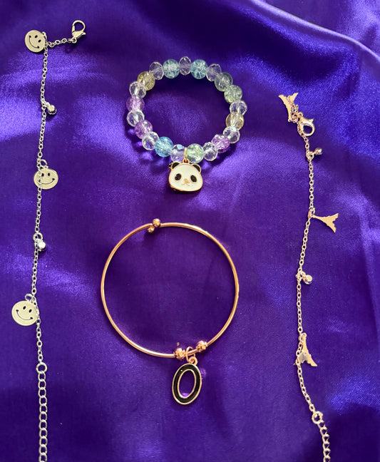 Cute Bracelet Combo Set of 4 – Panda Charm, Smiley Chain & Rose Gold Minimalist Bracelets for Women