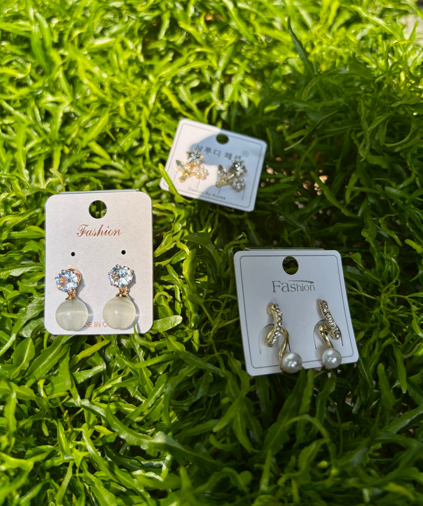 Korean Style 3 Pair Earrings Set – Crystal Stud, Pearl Drop & Cute Floral Gold Earrings for Women