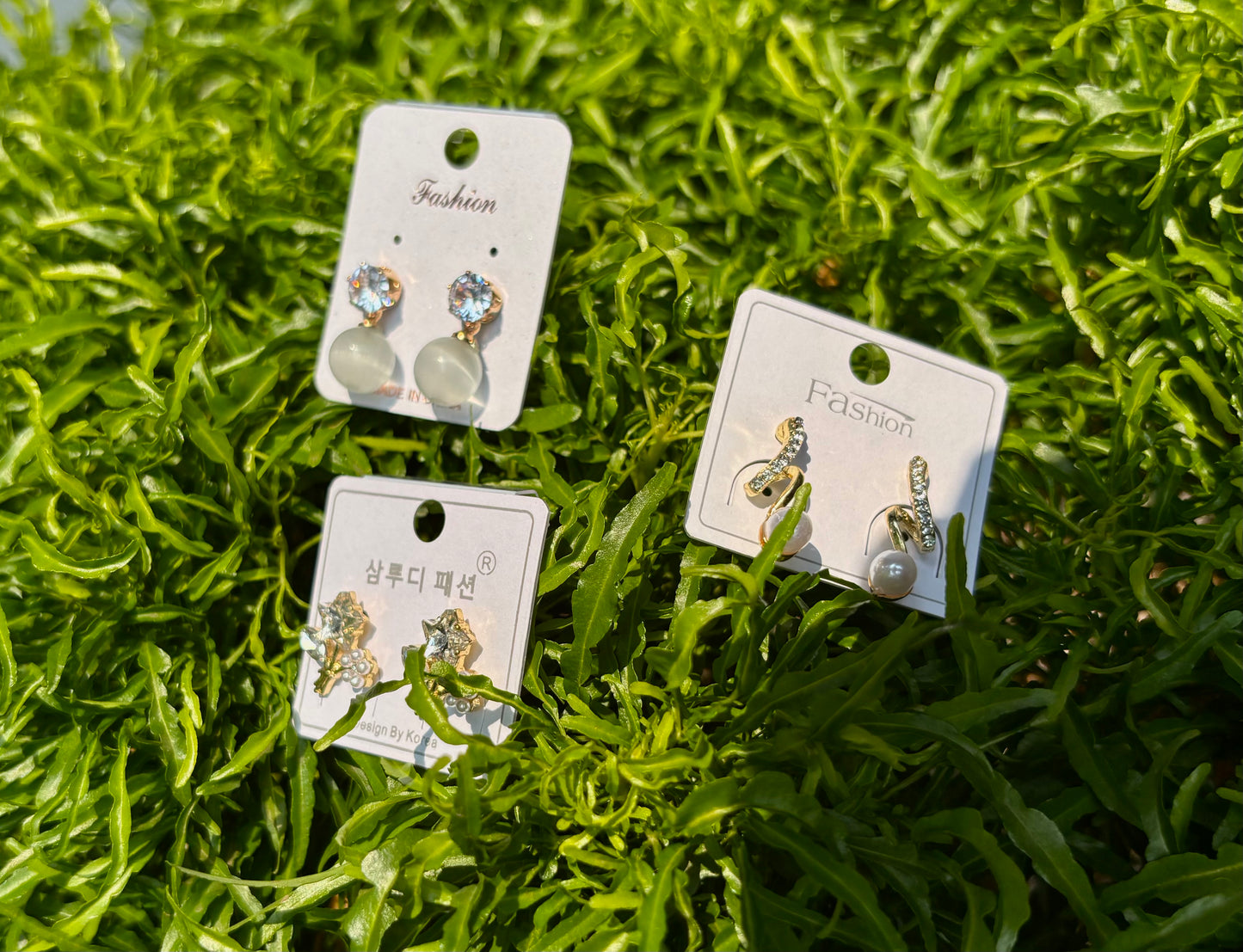 Korean Style 3 Pair Earrings Set – Crystal Stud, Pearl Drop & Cute Floral Gold Earrings for Women