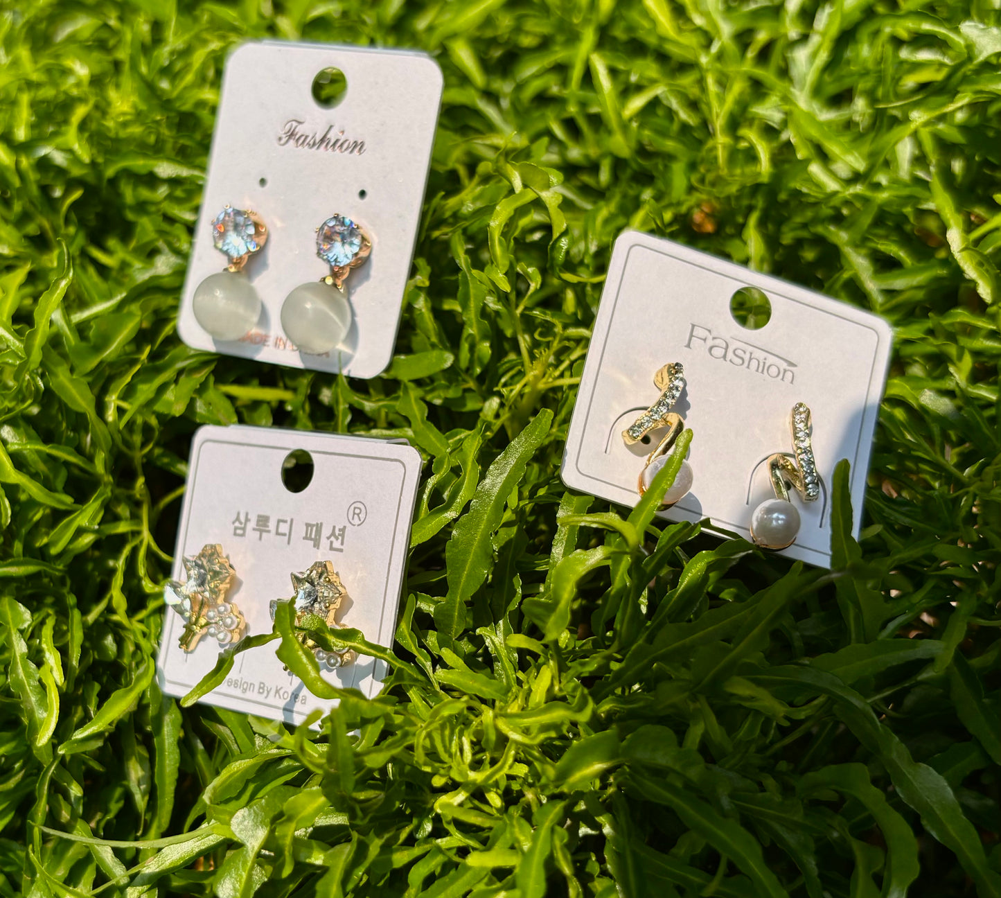Korean Style 3 Pair Earrings Set – Crystal Stud, Pearl Drop & Cute Floral Gold Earrings for Women