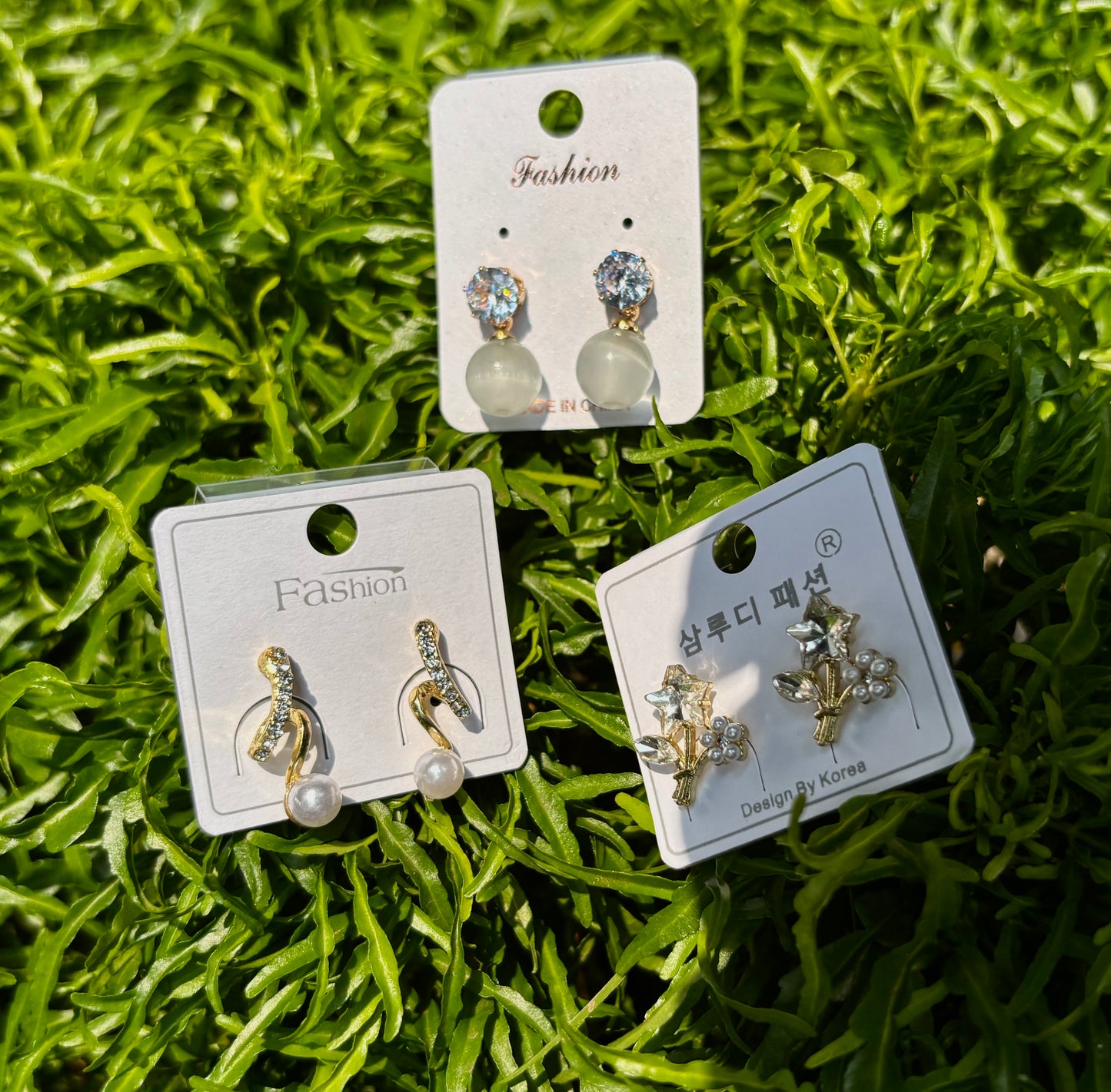 Korean Style 3 Pair Earrings Set – Crystal Stud, Pearl Drop & Cute Floral Gold Earrings for Women