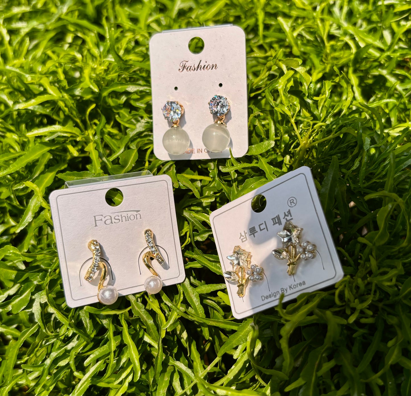 Korean Style 3 Pair Earrings Set – Crystal Stud, Pearl Drop & Cute Floral Gold Earrings for Women