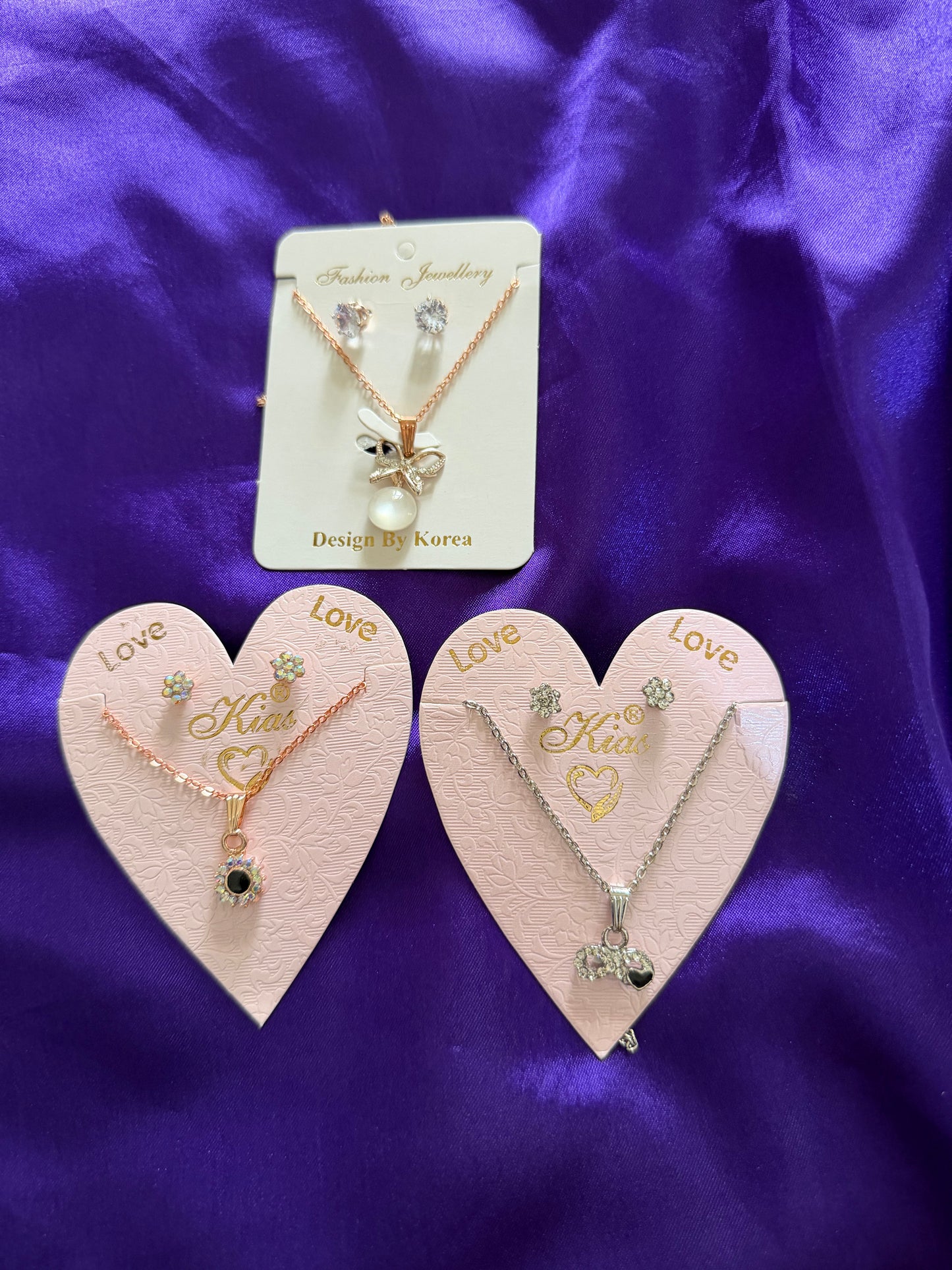 Elegant 3 Piece Necklace and Earring Set Combo – Crystal, Pearl & Heart Pendant Jewelry for Women