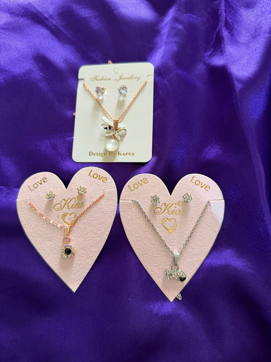 Elegant 3 Piece Necklace and Earring Set Combo – Crystal, Pearl & Heart Pendant Jewelry for Women