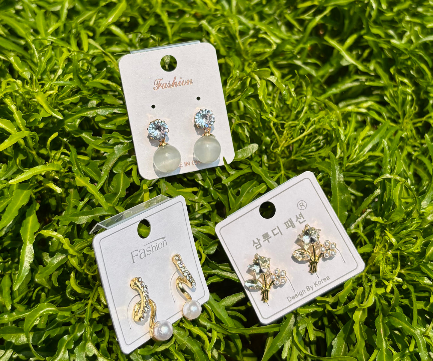Korean Style 3 Pair Earrings Set – Crystal Stud, Pearl Drop & Cute Floral Gold Earrings for Women