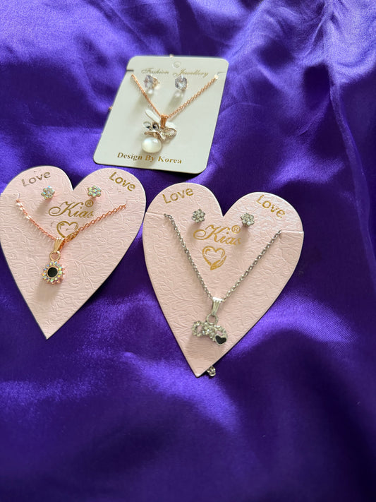 Elegant 3 Piece Necklace and Earring Set Combo – Crystal, Pearl & Heart Pendant Jewelry for Women