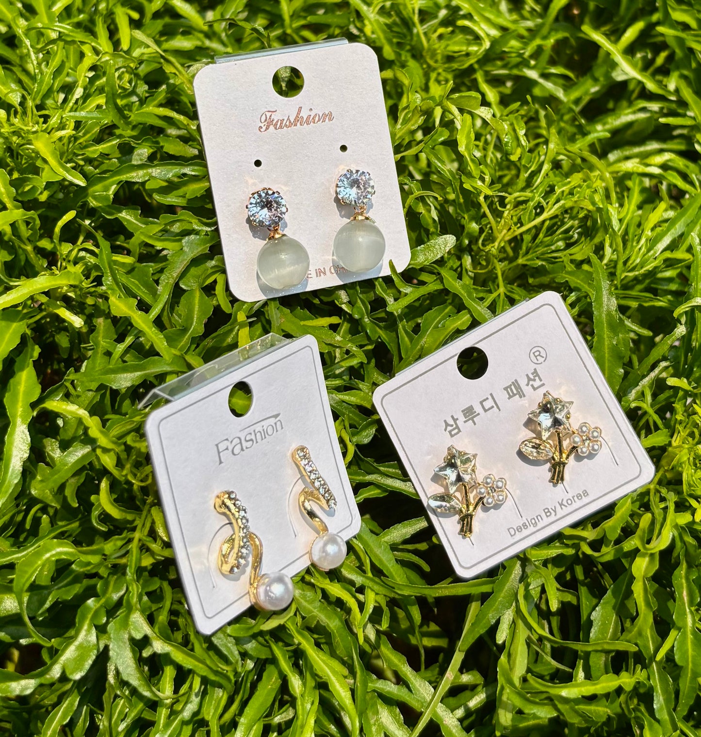 Korean Style 3 Pair Earrings Set – Crystal Stud, Pearl Drop & Cute Floral Gold Earrings for Women