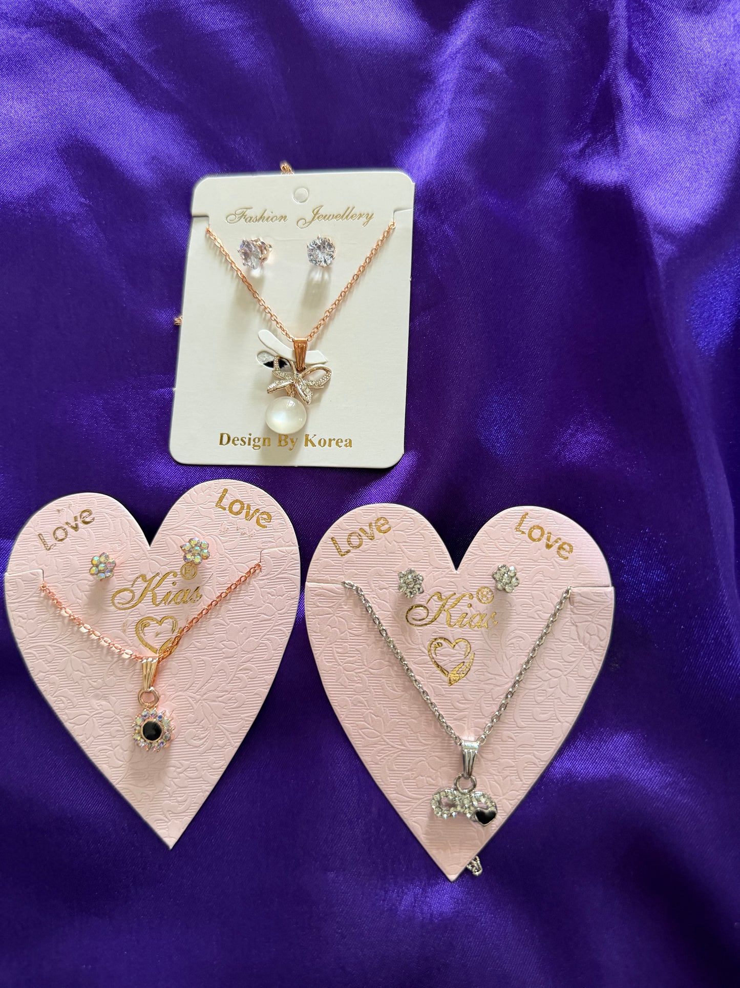 Elegant 3 Piece Necklace and Earring Set Combo – Crystal, Pearl & Heart Pendant Jewelry for Women