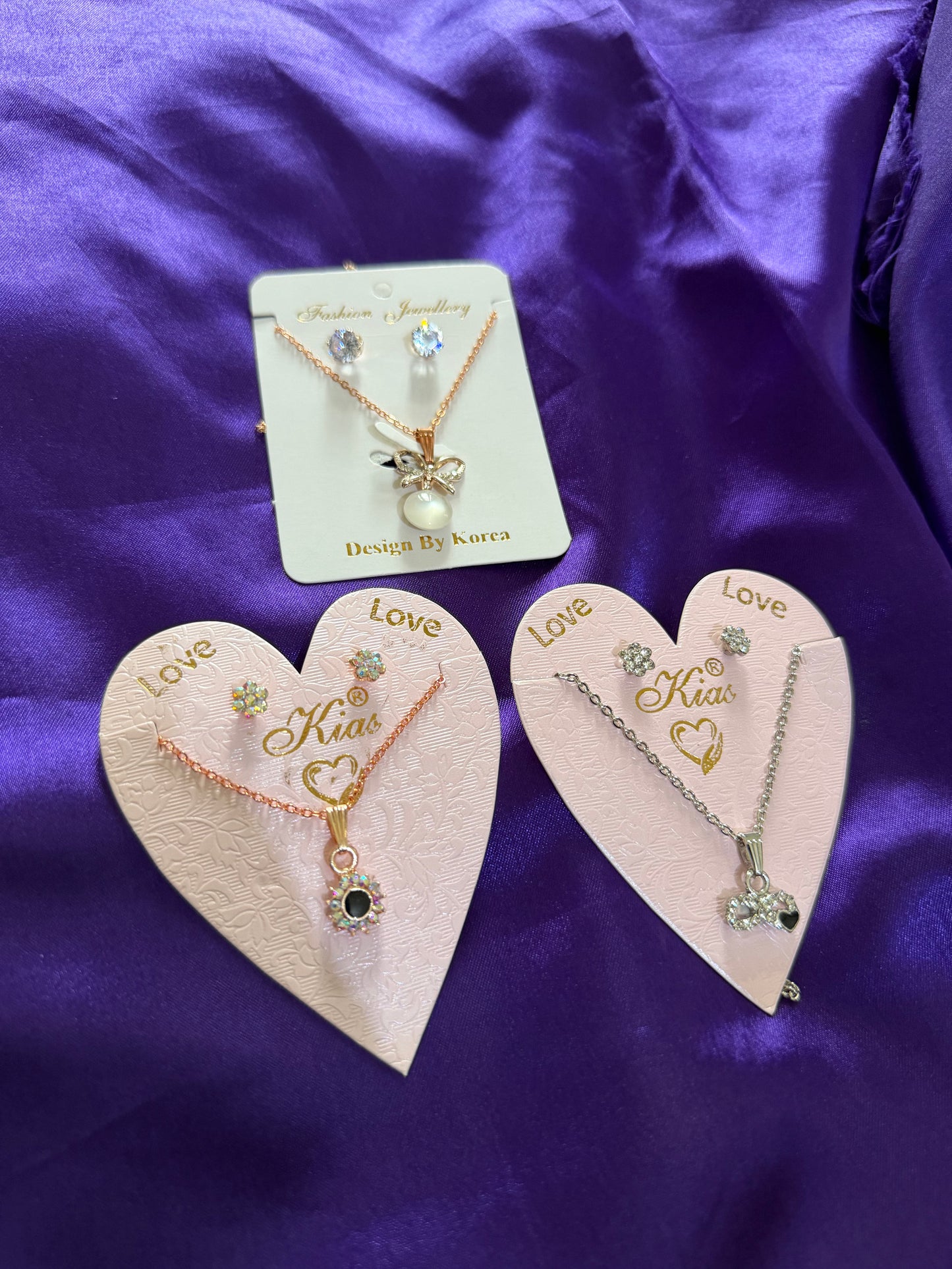 Elegant 3 Piece Necklace and Earring Set Combo – Crystal, Pearl & Heart Pendant Jewelry for Women