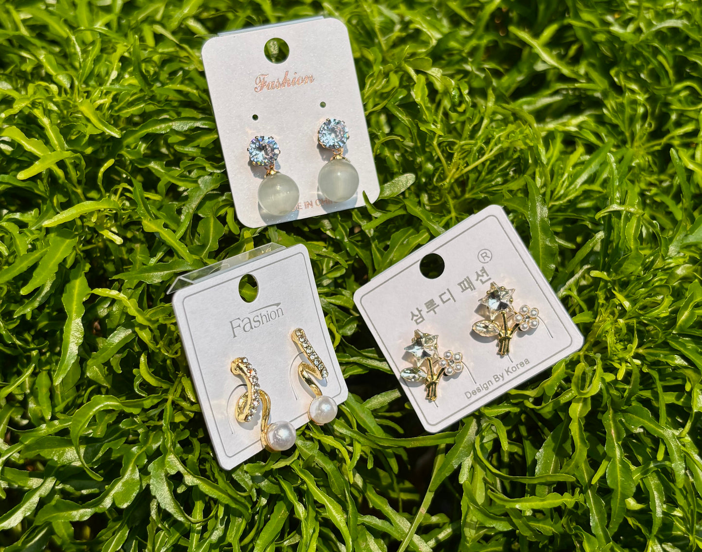 Korean Style 3 Pair Earrings Set – Crystal Stud, Pearl Drop & Cute Floral Gold Earrings for Women