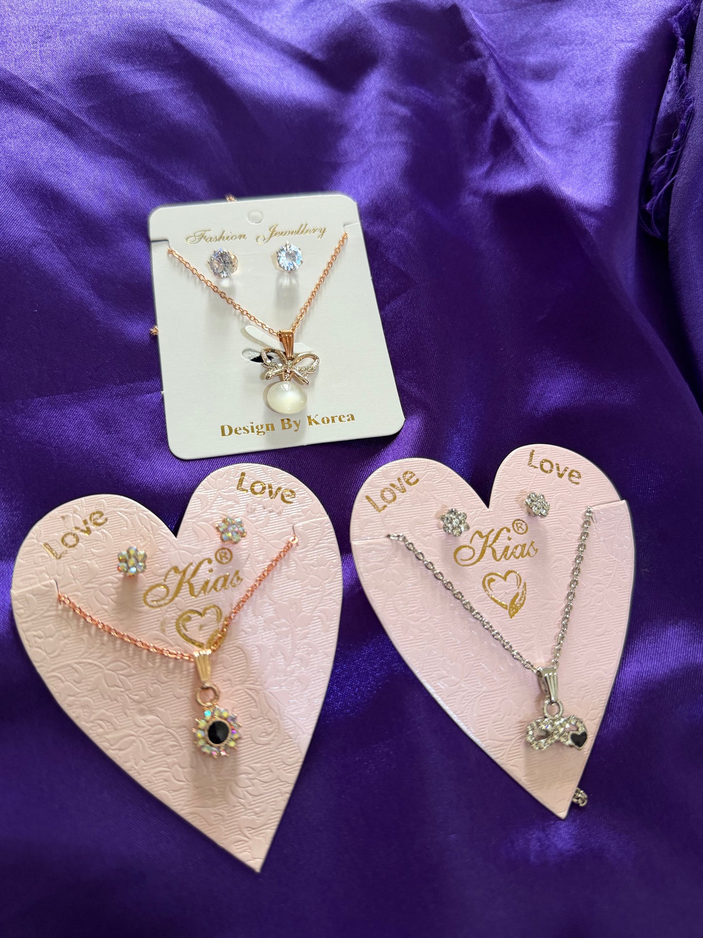 Elegant 3 Piece Necklace and Earring Set Combo – Crystal, Pearl & Heart Pendant Jewelry for Women