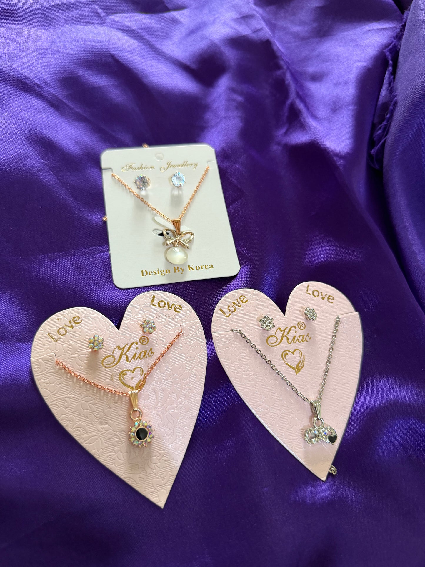 Elegant 3 Piece Necklace and Earring Set Combo – Crystal, Pearl & Heart Pendant Jewelry for Women