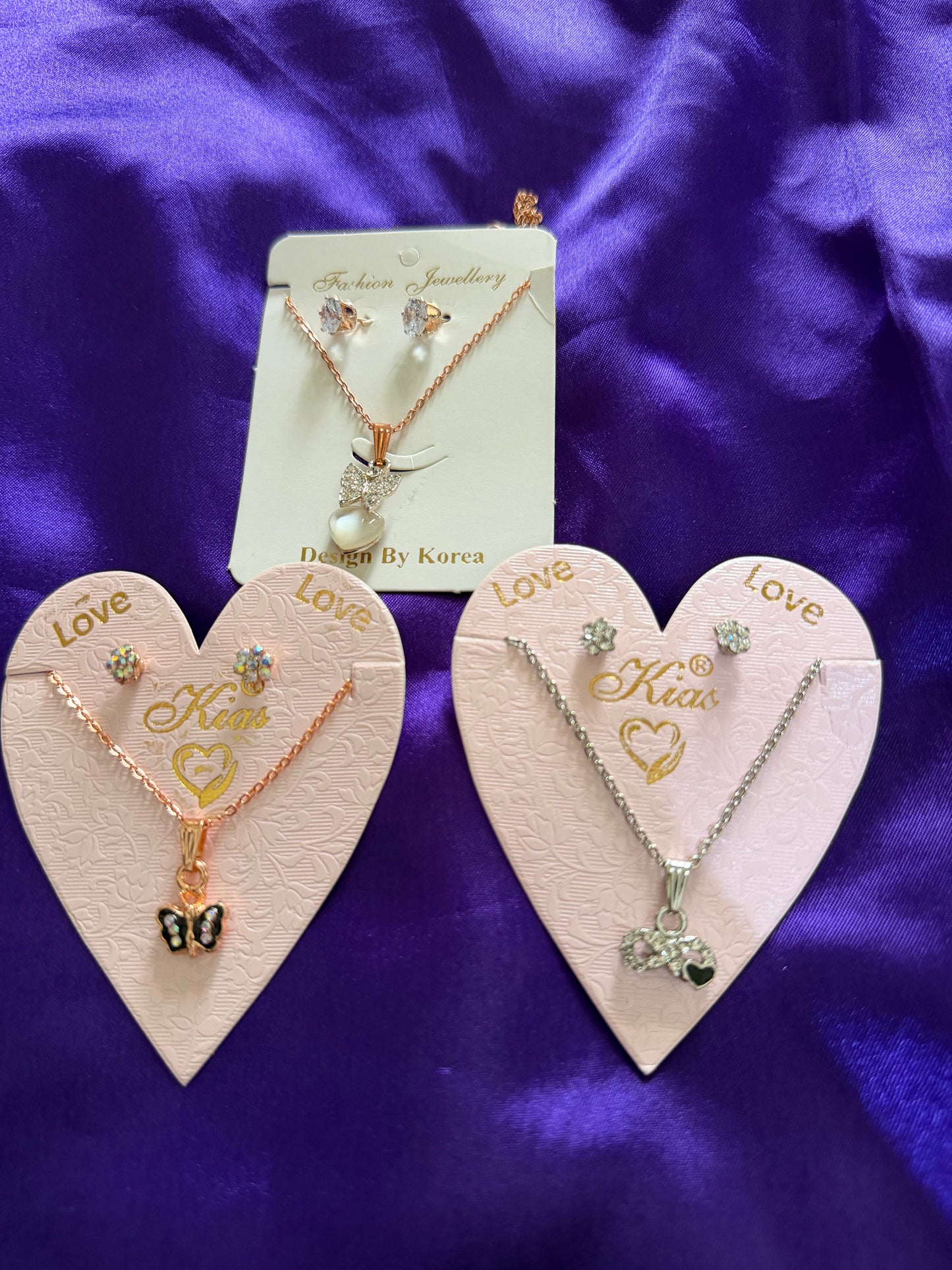 Elegant 3 Piece Necklace and Earring Set Combo – Crystal, Pearl & Heart Pendant Jewelry for Women