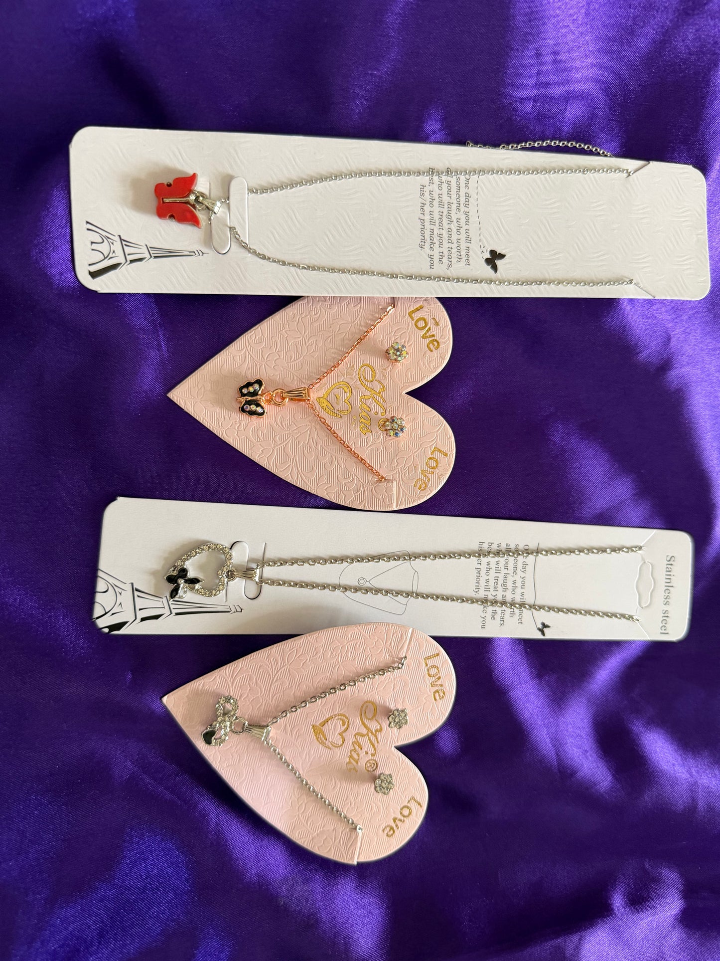 4 Piece Cute Pendant Necklace Combo Set | Heart, Butterfly & Teddy Charm Necklaces for Girls