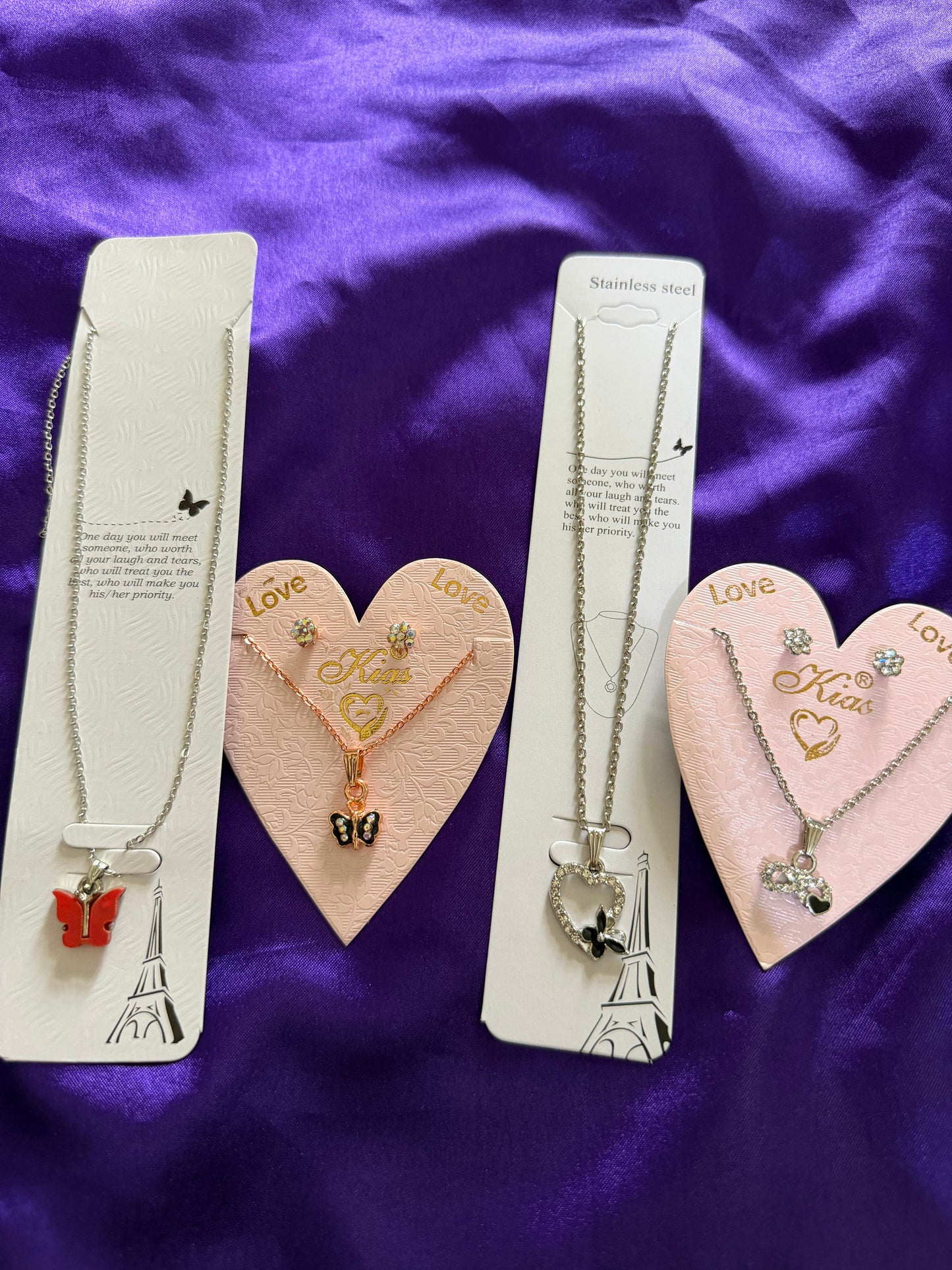 4 Piece Cute Pendant Necklace Combo Set | Heart, Butterfly & Teddy Charm Necklaces for Girls