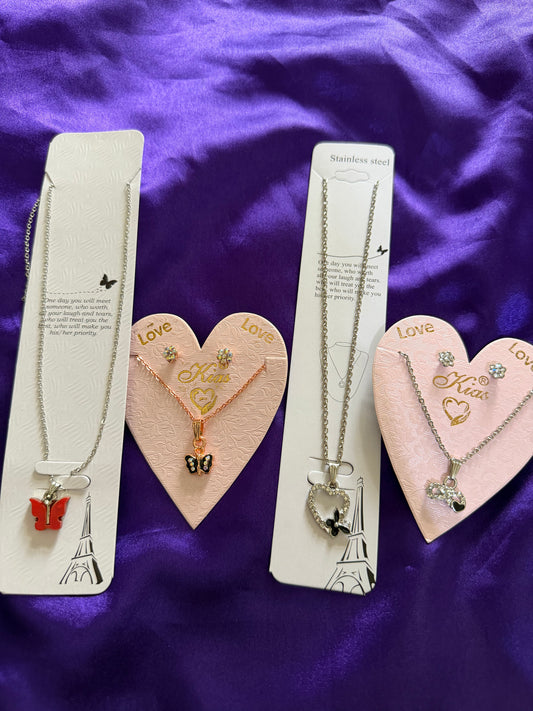 4 Piece Cute Pendant Necklace Combo Set | Heart, Butterfly & Teddy Charm Necklaces for Girls