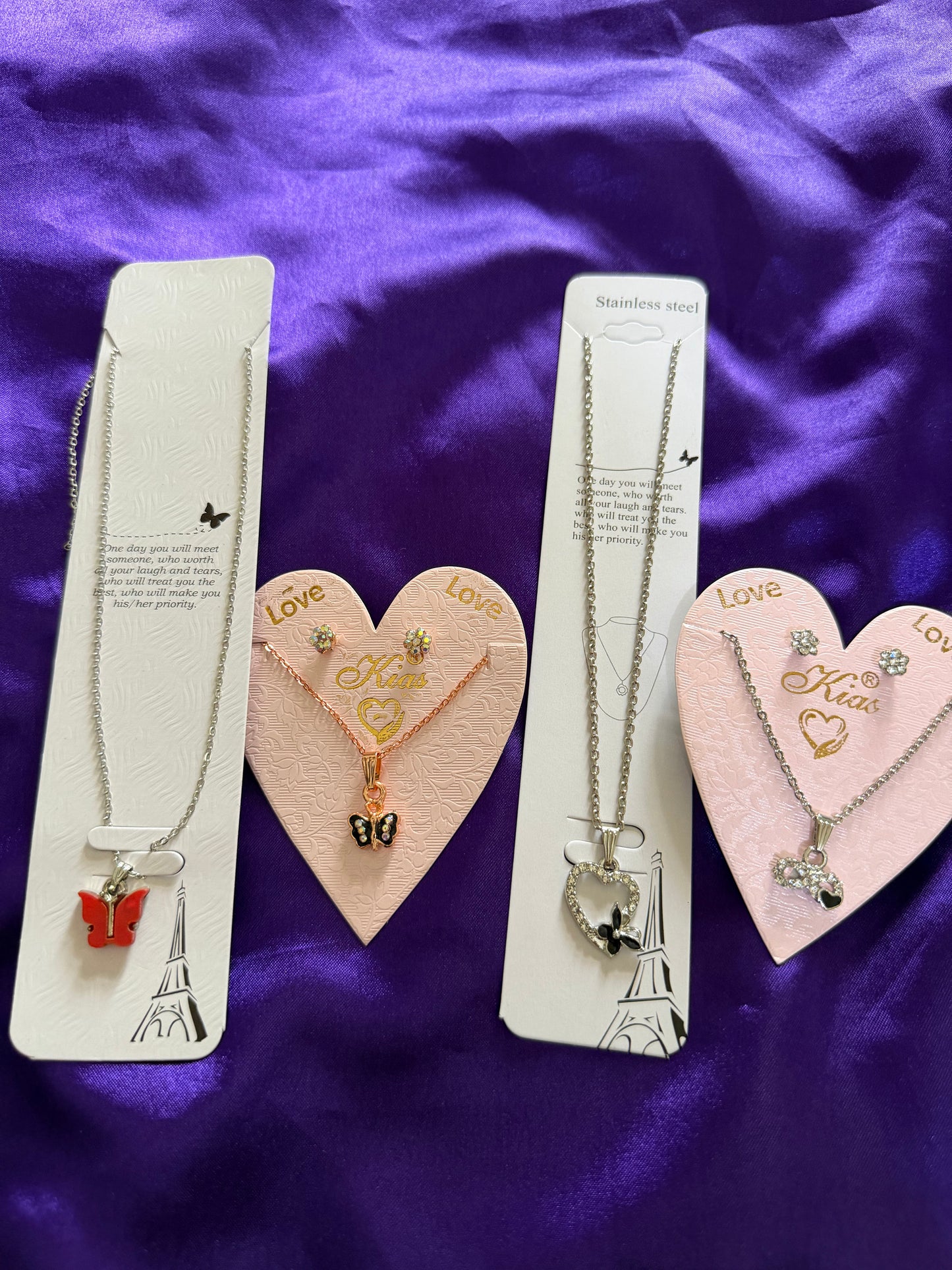 4 Piece Cute Pendant Necklace Combo Set | Heart, Butterfly & Teddy Charm Necklaces for Girls