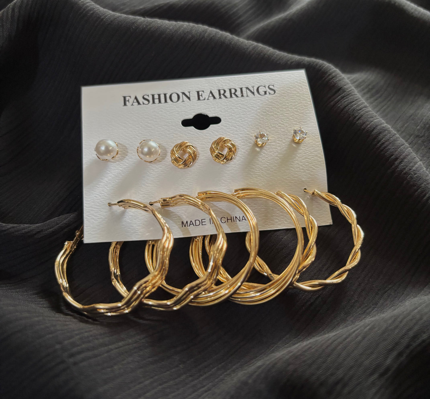 Trendy 6 Pair Gold Plated Earrings Set – Pearl Stud, Knot Stud & Twisted Hoop Earrings for Women