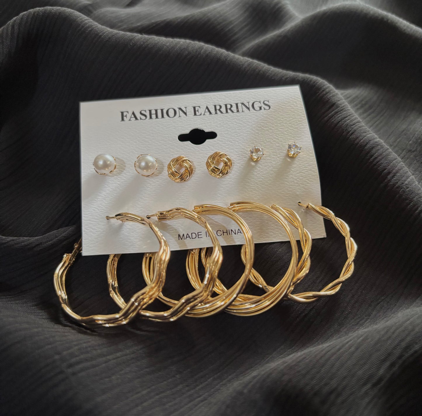 Trendy 6 Pair Gold Plated Earrings Set – Pearl Stud, Knot Stud & Twisted Hoop Earrings for Women