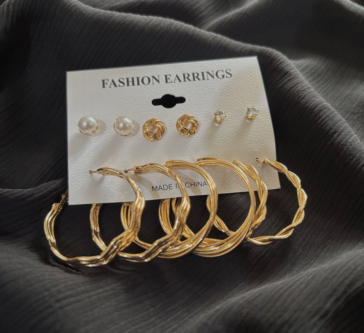 Trendy 6 Pair Gold Plated Earrings Set – Pearl Stud, Knot Stud & Twisted Hoop Earrings for Women