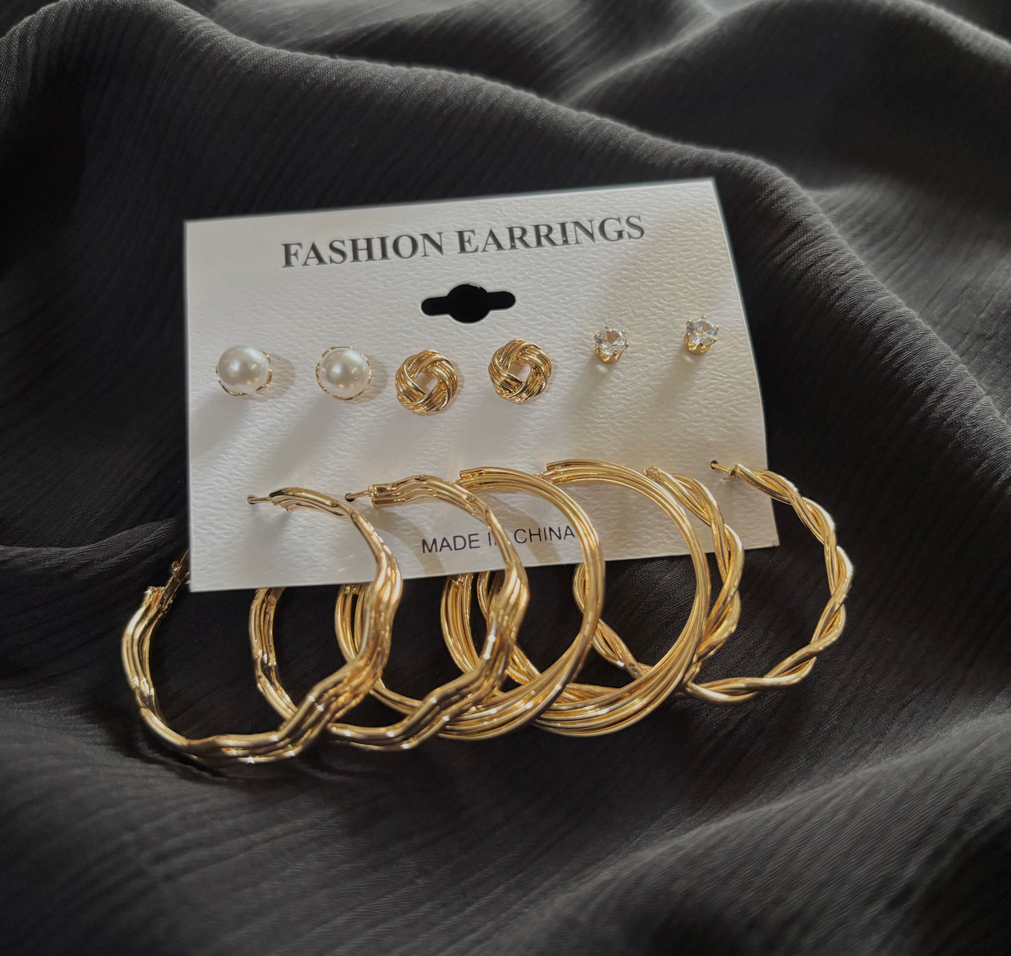 Trendy 6 Pair Gold Plated Earrings Set – Pearl Stud, Knot Stud & Twisted Hoop Earrings for Women