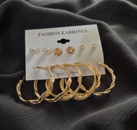 Trendy 6 Pair Gold Plated Earrings Set – Pearl Stud, Knot Stud & Twisted Hoop Earrings for Women