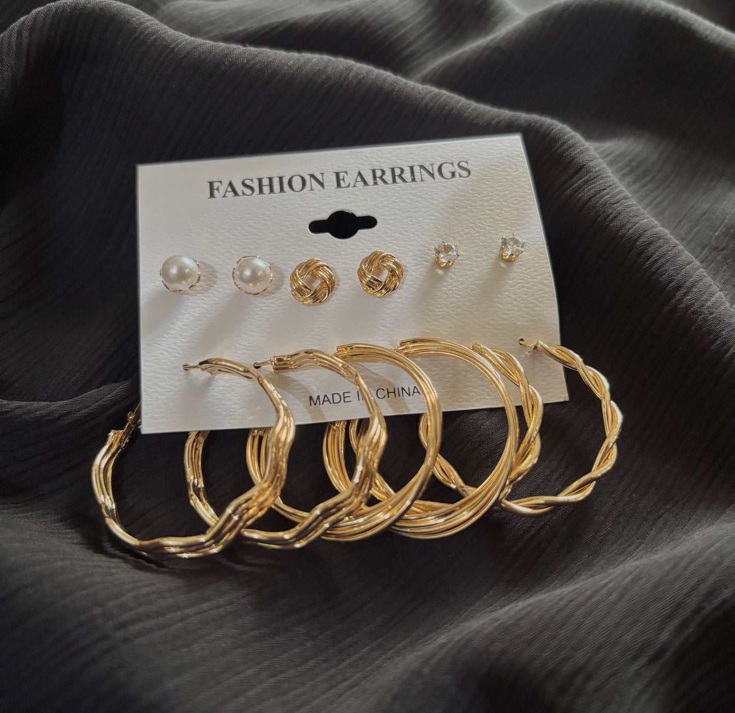 Trendy 6 Pair Gold Plated Earrings Set – Pearl Stud, Knot Stud & Twisted Hoop Earrings for Women