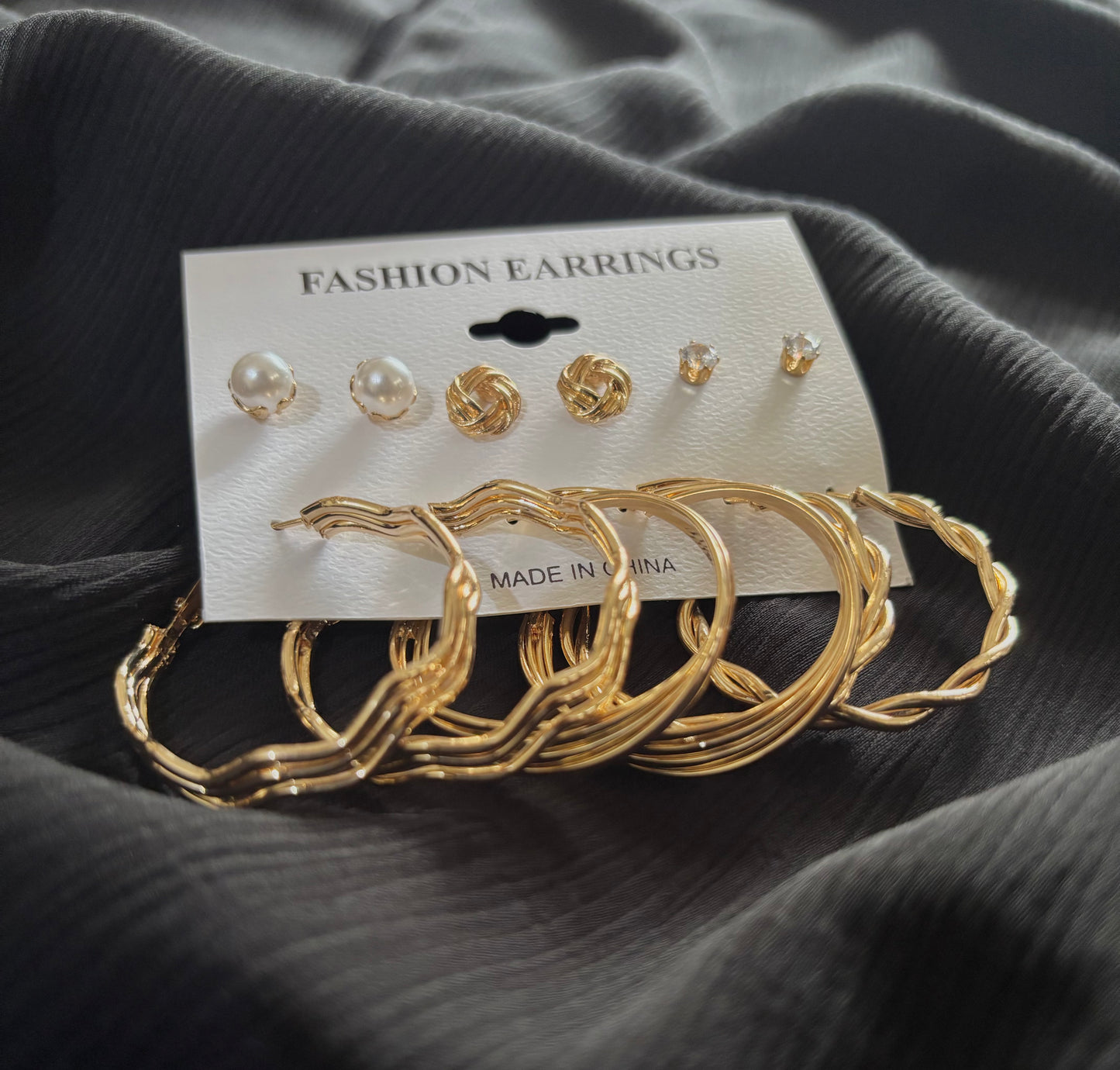Trendy 6 Pair Gold Plated Earrings Set – Pearl Stud, Knot Stud & Twisted Hoop Earrings for Women