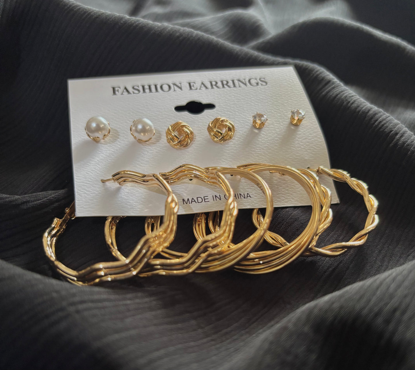 Trendy 6 Pair Gold Plated Earrings Set – Pearl Stud, Knot Stud & Twisted Hoop Earrings for Women