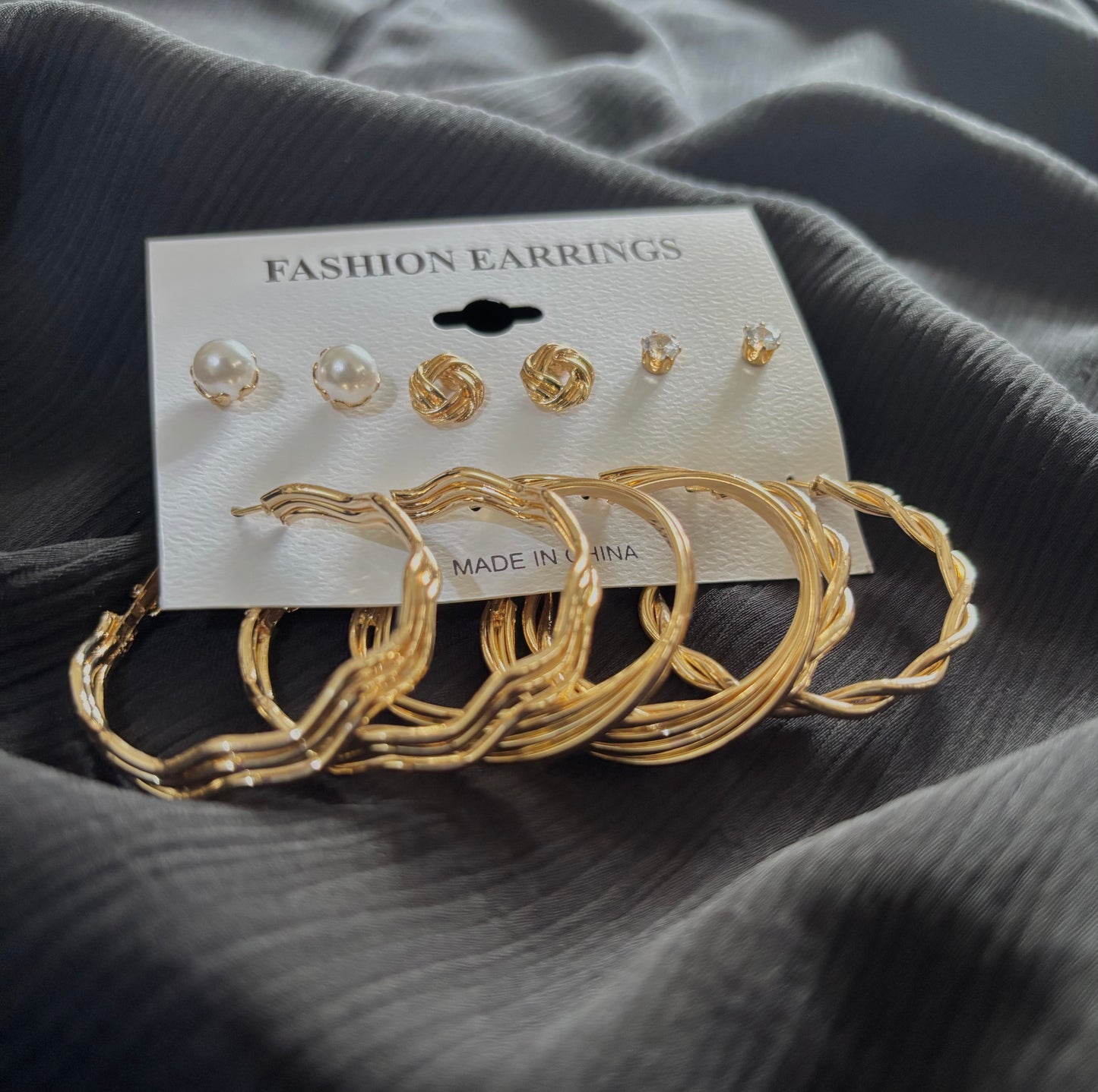 Trendy 6 Pair Gold Plated Earrings Set – Pearl Stud, Knot Stud & Twisted Hoop Earrings for Women