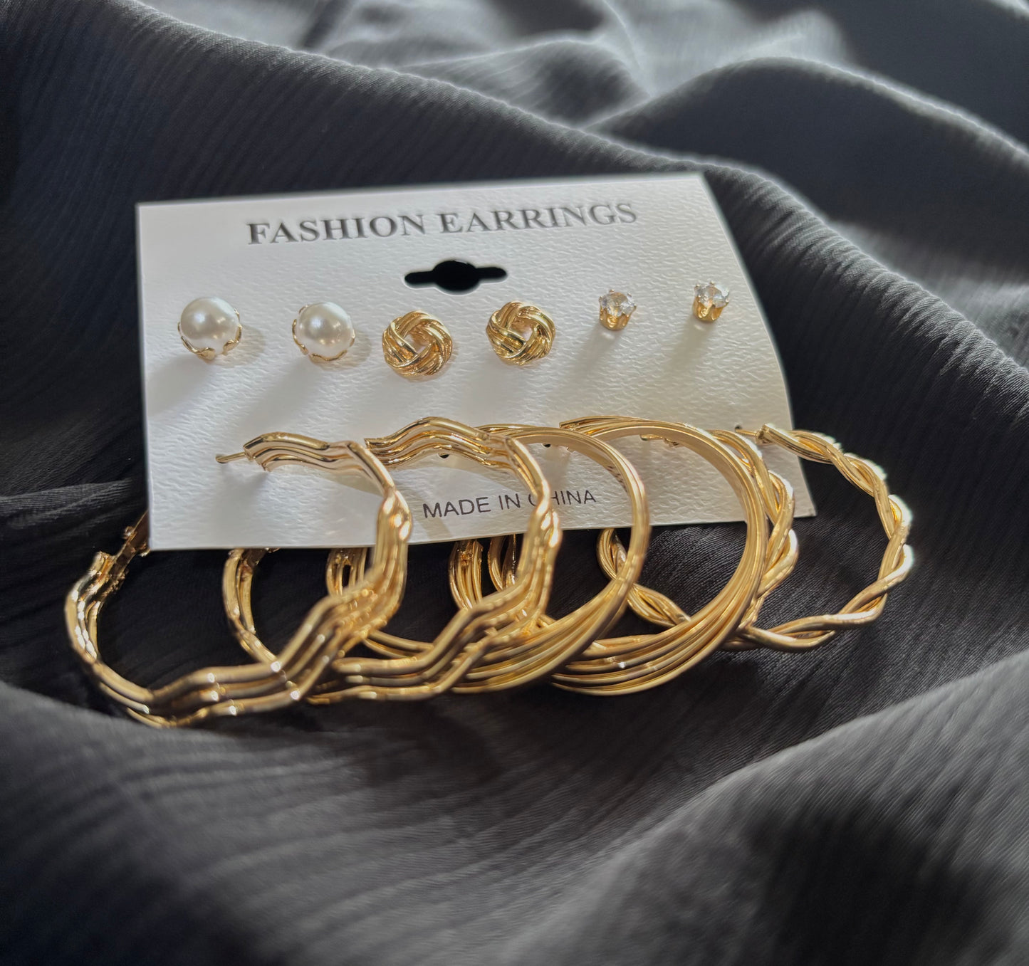 Trendy 6 Pair Gold Plated Earrings Set – Pearl Stud, Knot Stud & Twisted Hoop Earrings for Women