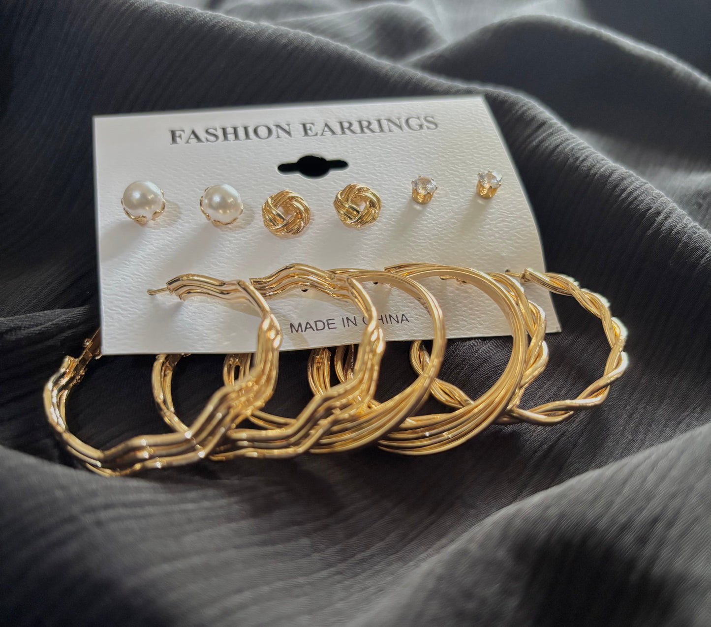 Trendy 6 Pair Gold Plated Earrings Set – Pearl Stud, Knot Stud & Twisted Hoop Earrings for Women