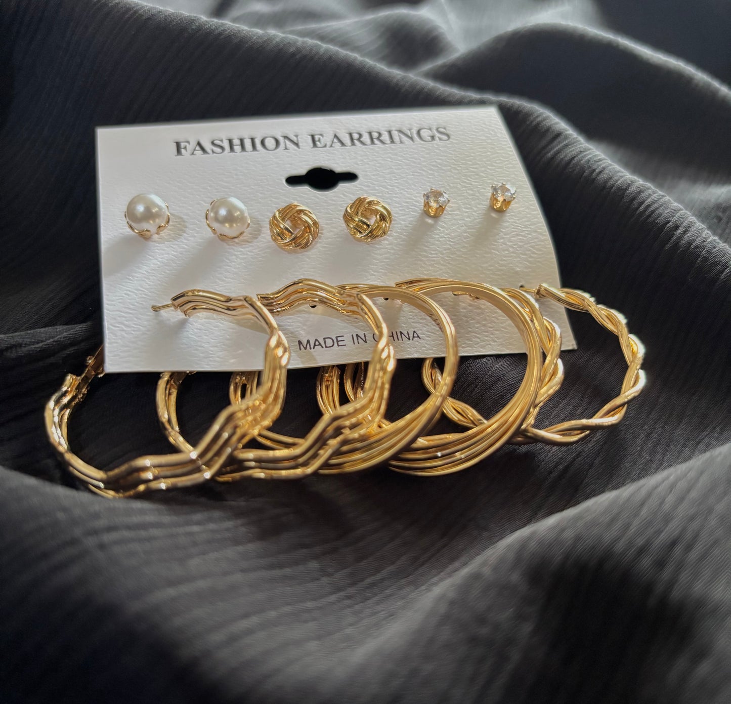 Trendy 6 Pair Gold Plated Earrings Set – Pearl Stud, Knot Stud & Twisted Hoop Earrings for Women
