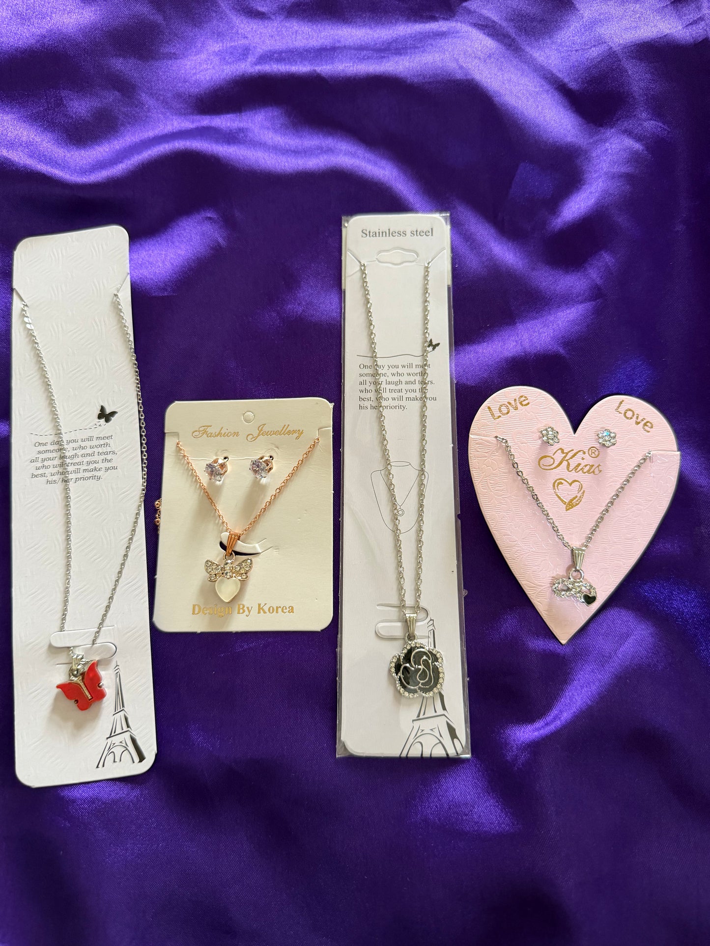 Korean Style Necklace Combo Set with Earrings – Butterfly, Bow Heart & Black Floral Pendant Collection