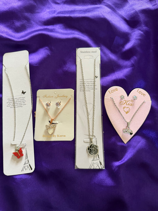 Korean Style Necklace Combo Set with Earrings – Butterfly, Bow Heart & Black Floral Pendant Collection